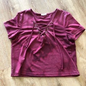 Bleach Dyed Crop Top with V-Neck & Lace Up Ties